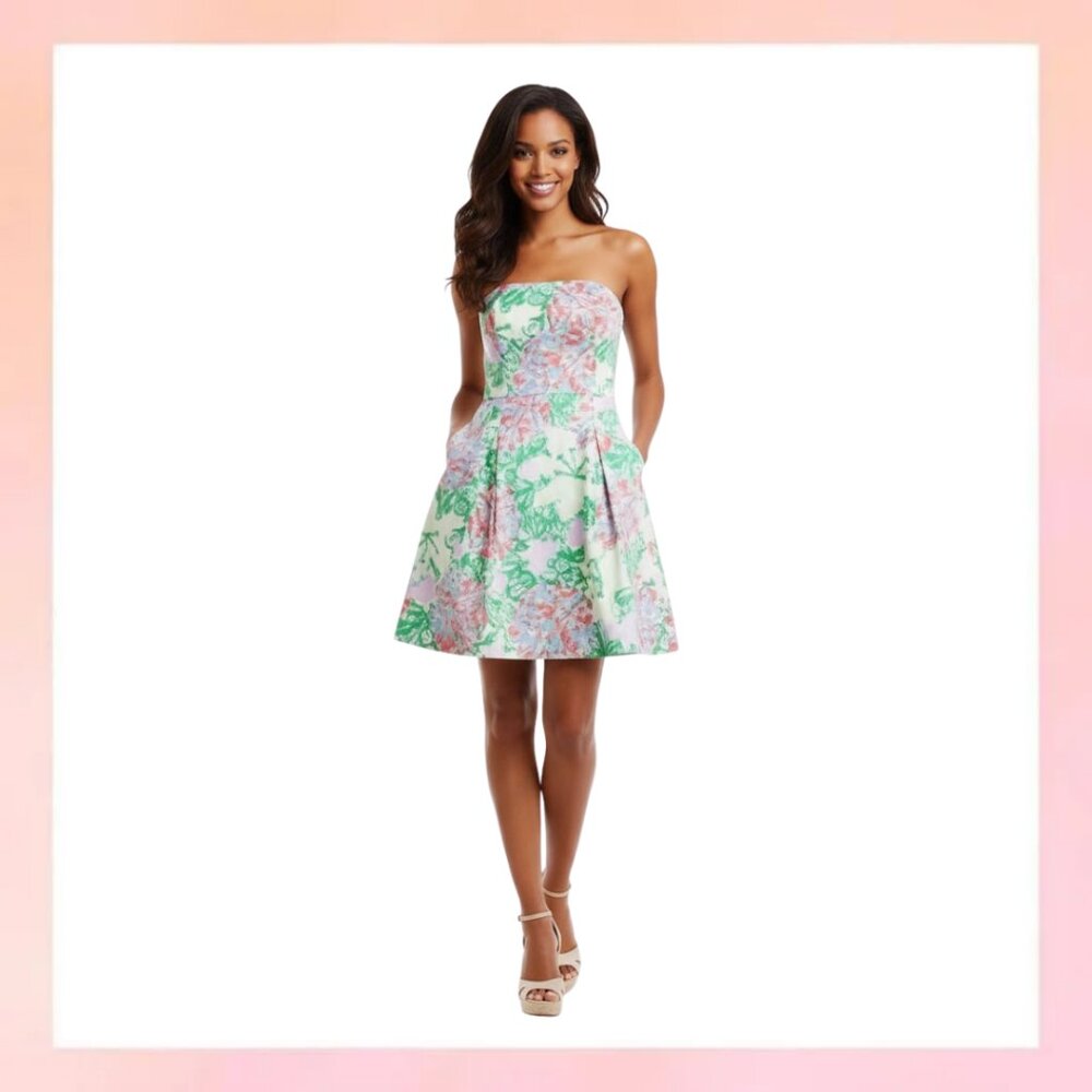 Lilly Pulitzer Strapless Floral Fit-and-Flare Dress in Pink and Green